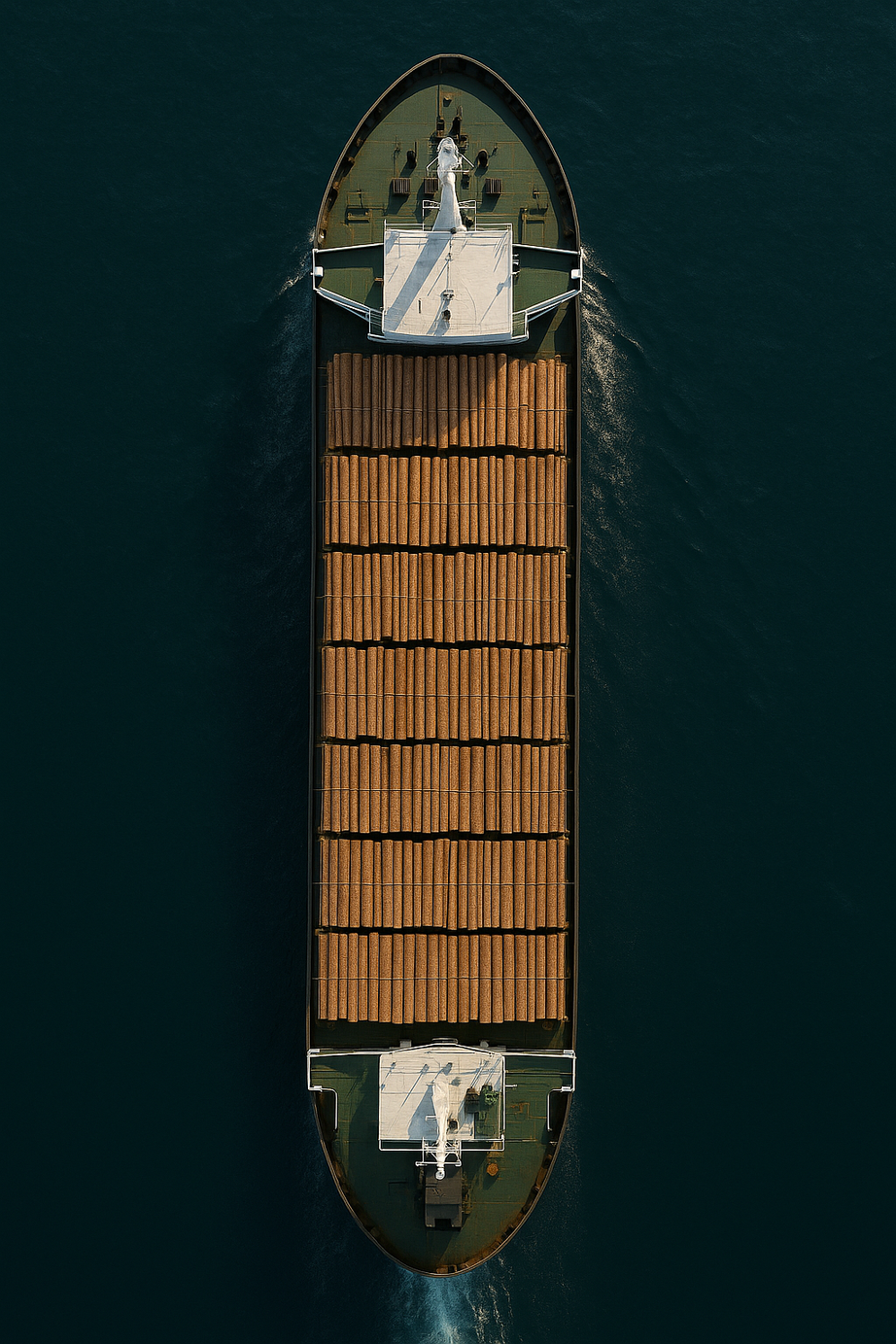 Overhead view of a timber-loaded ship at sea